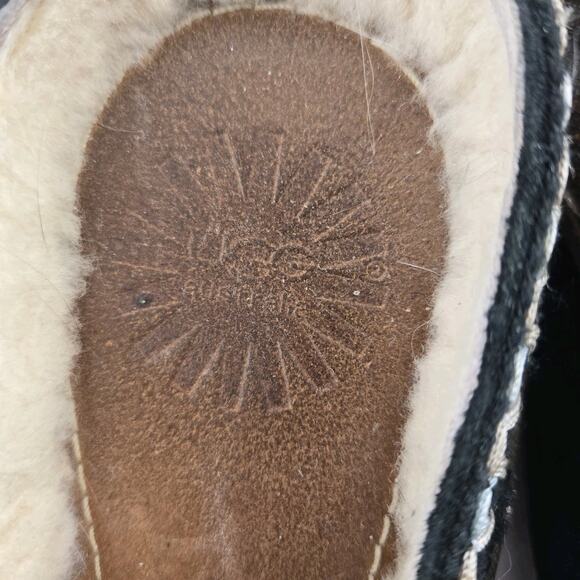 UGG Slip On Mules Clogs Womens 9 Black Suede Shearling Embroidered Bohemian Boho - Picture 9 of 10
